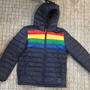 Primary Navy Puffer Jacket with Retro Colorful Stripes